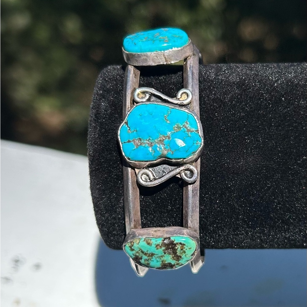 Vintage Native American Sterling Silver Kingman Turquoise Cuff  Hand Stamped